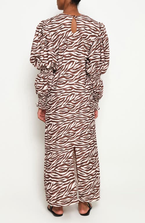 The Lulo Project Makeda Print Long Sleeve Maxi Dress In Brown Zebra