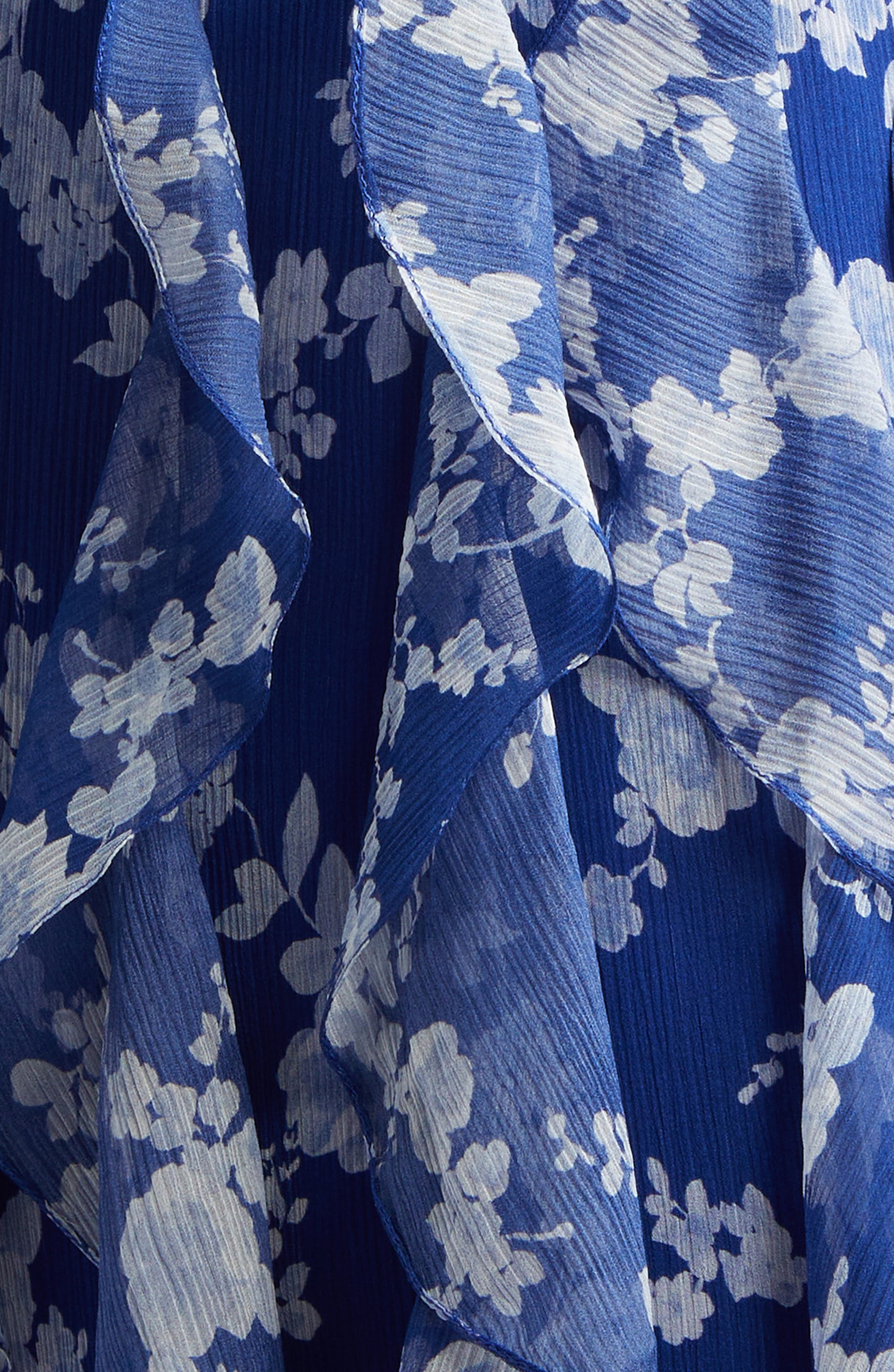 silk chiffon fabric dress Blue Floral Strapless Silk Chiffon Corest Long A-line Prom Dress with Slit