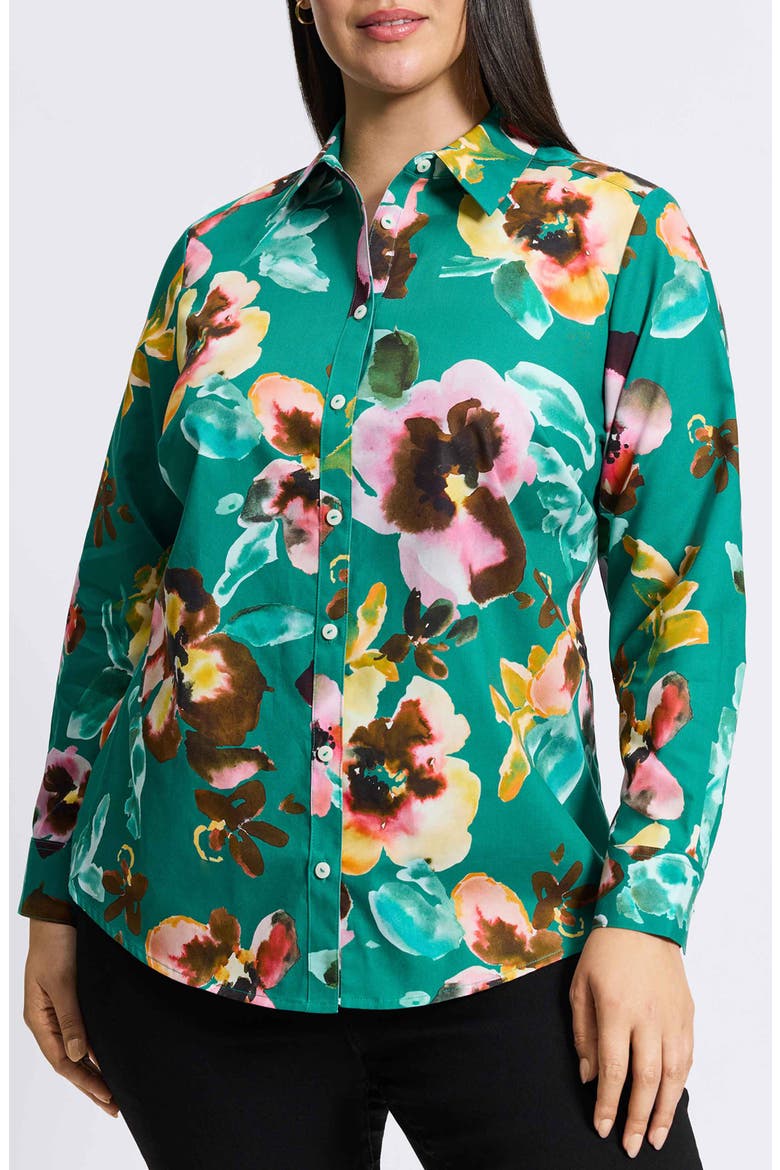 Zoey Watercolor Non-Iron Cotton Button-Up Shirt, Main, color, GREEN MULTI