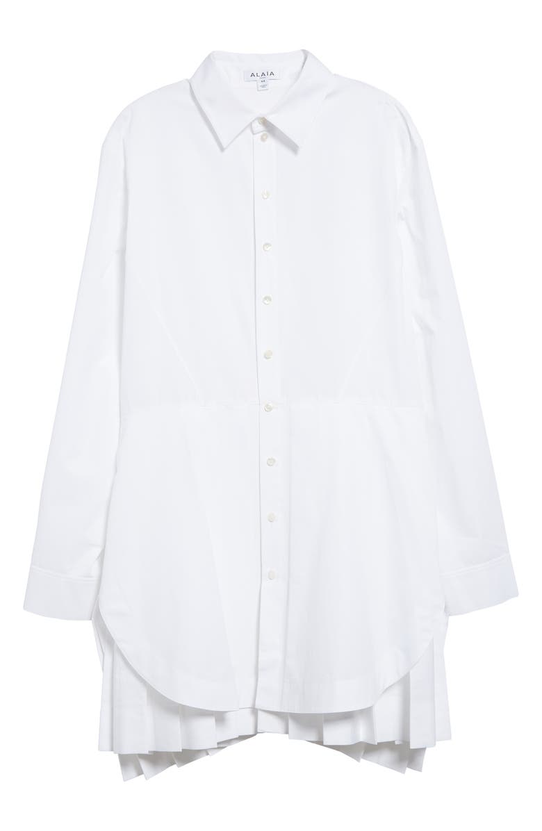Alaïa Pleated Long Sleeve Cotton Blend Poplin Shirtdress, Alternate, color, 