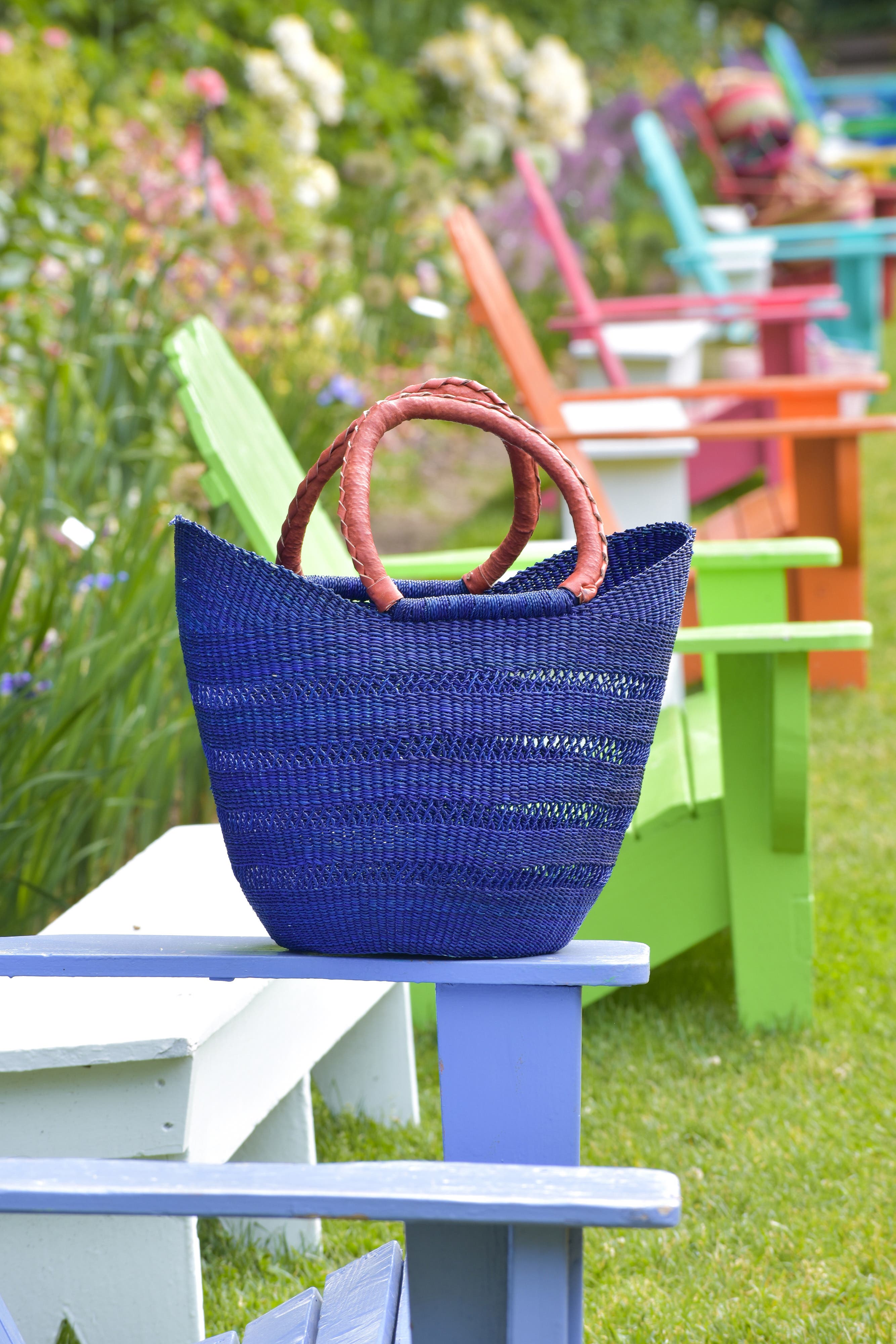 African Modern Ghanaian Lacework Wing Shopper with Leather Handles, Alternate, color, Navy