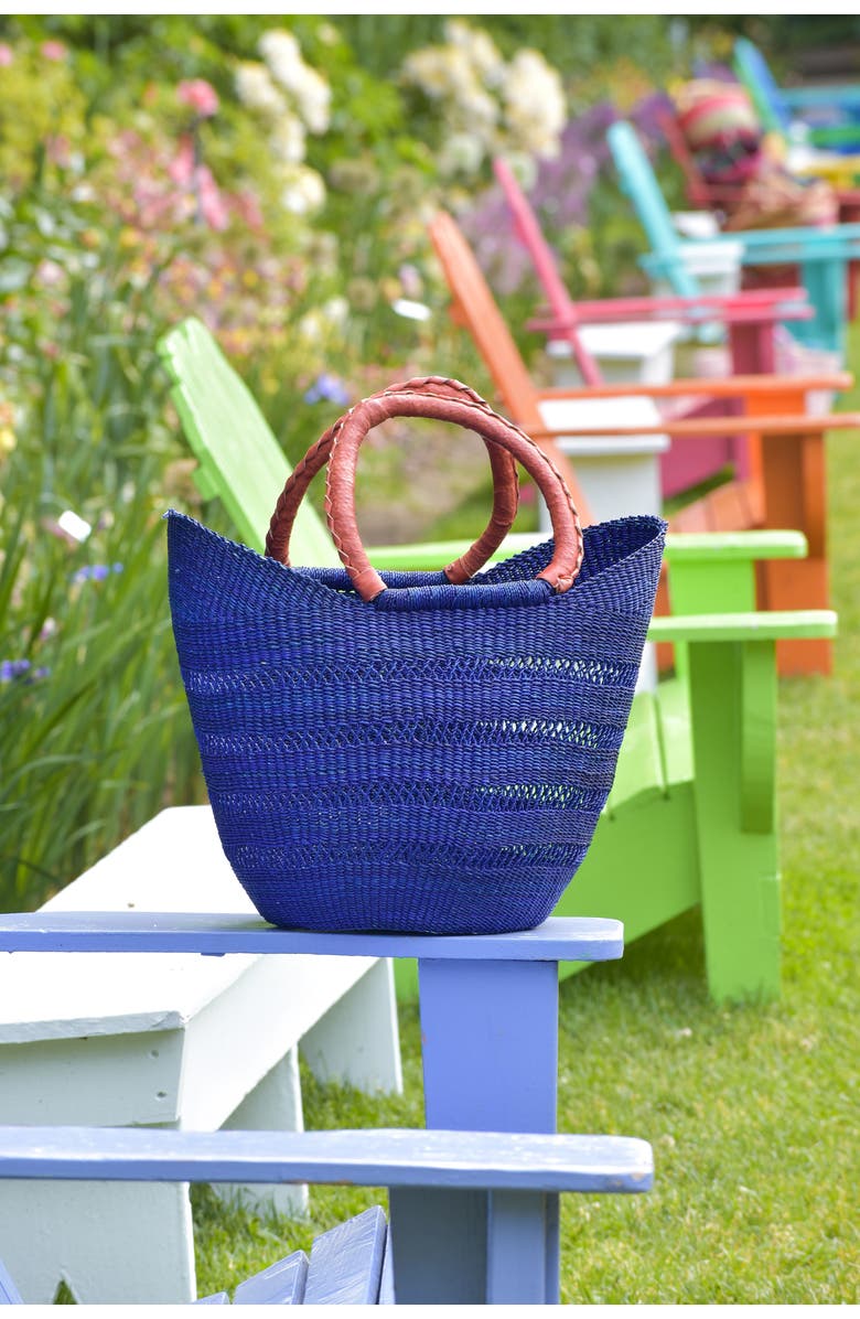 African Modern Ghanaian Lacework Wing Shopper with Leather Handles, Alternate, color, Navy