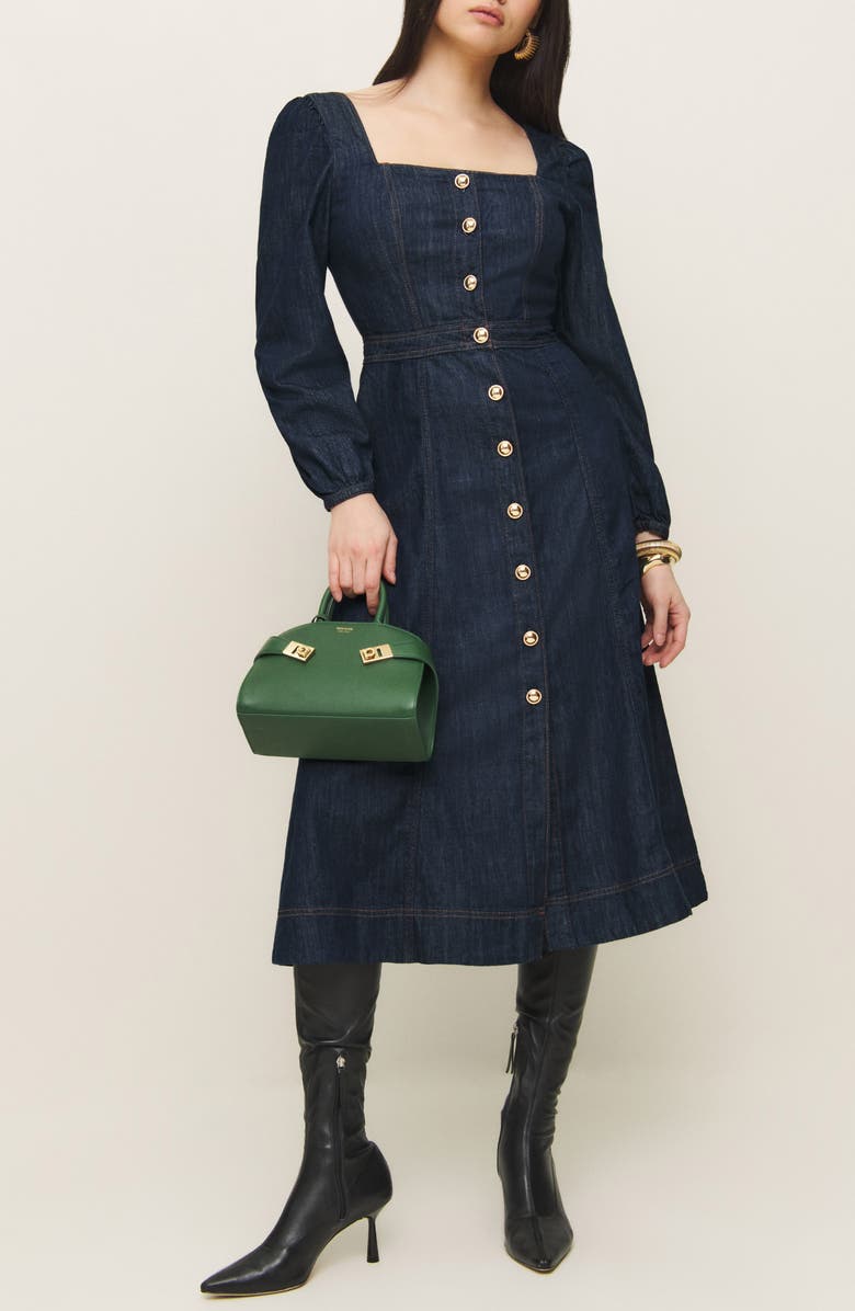 Reformation Celeste Long Sleeve Denim Midi Dress, Main, color, 