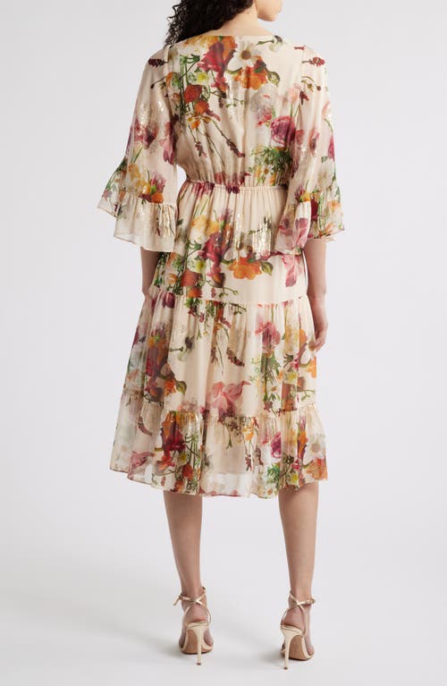 Kobi Halperin Limone Metallic Floral Tiered Silk Blend Midi Dress In Ecru Multi