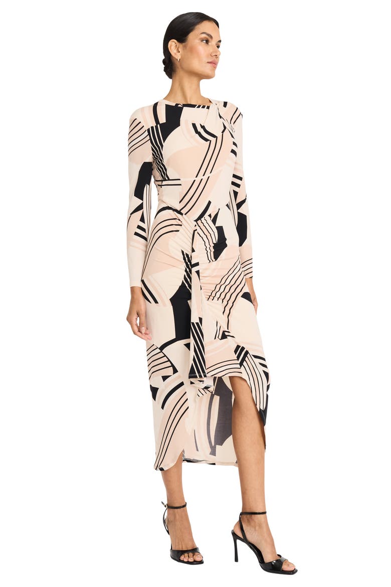 Geo Print Long Sleeve Asymmetric Midi Dress, Alternate, color, CREAM/ BLACK