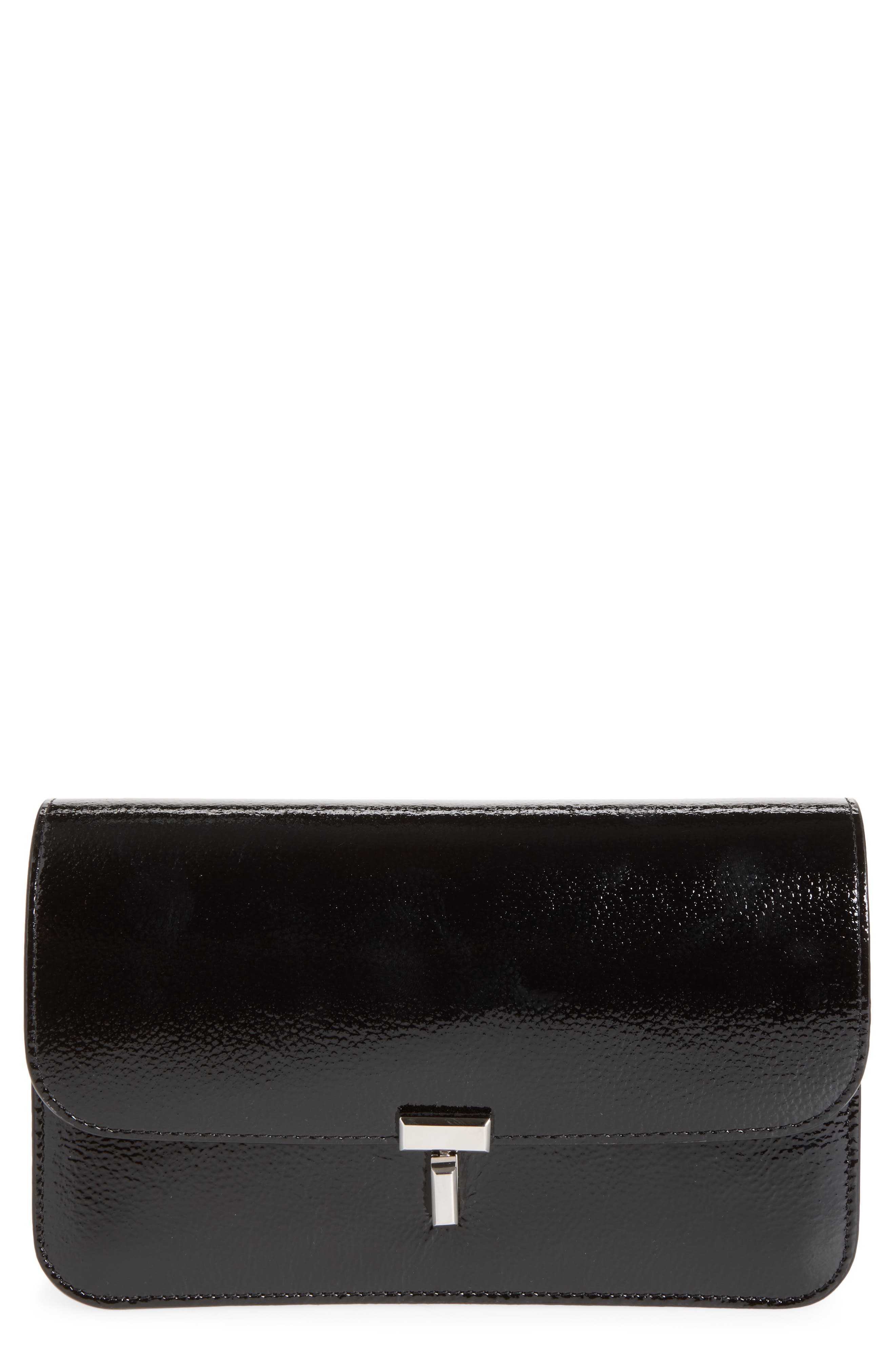 T-Lock Grained Patent Leather Crossbody Bag, Main, color, BLACK