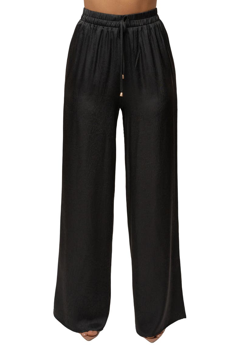 Draped Satin Pant Set, Alternate, color, Black
