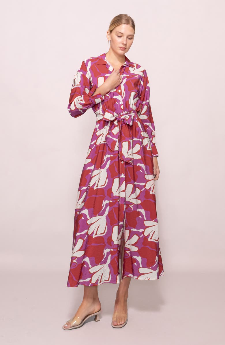 MELLODAY Print Long Sleeve Midi Shirtdress, Alternate, color, Fuchsia Abstract