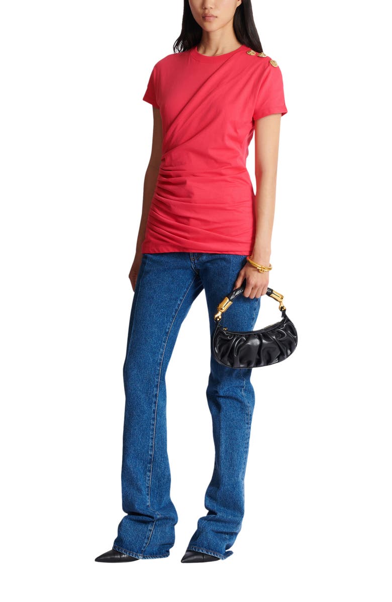 Balmain Draped T-shirt with buttons, Alternate, color, Pink