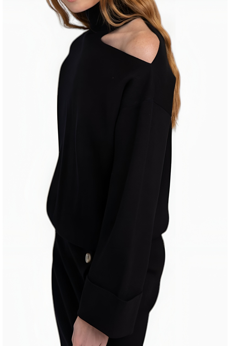 Asymmetric Turtleneck Pullover and Button-Front Slit Skirt Set, Alternate, color, Black