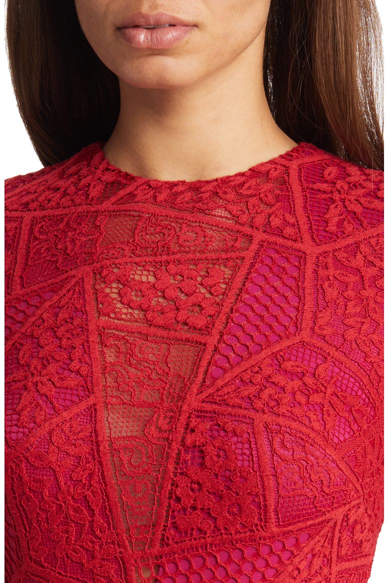 Long Sleeve Lace Handkerchief Hem Midi Dress, Alternate, color, LAVA RED