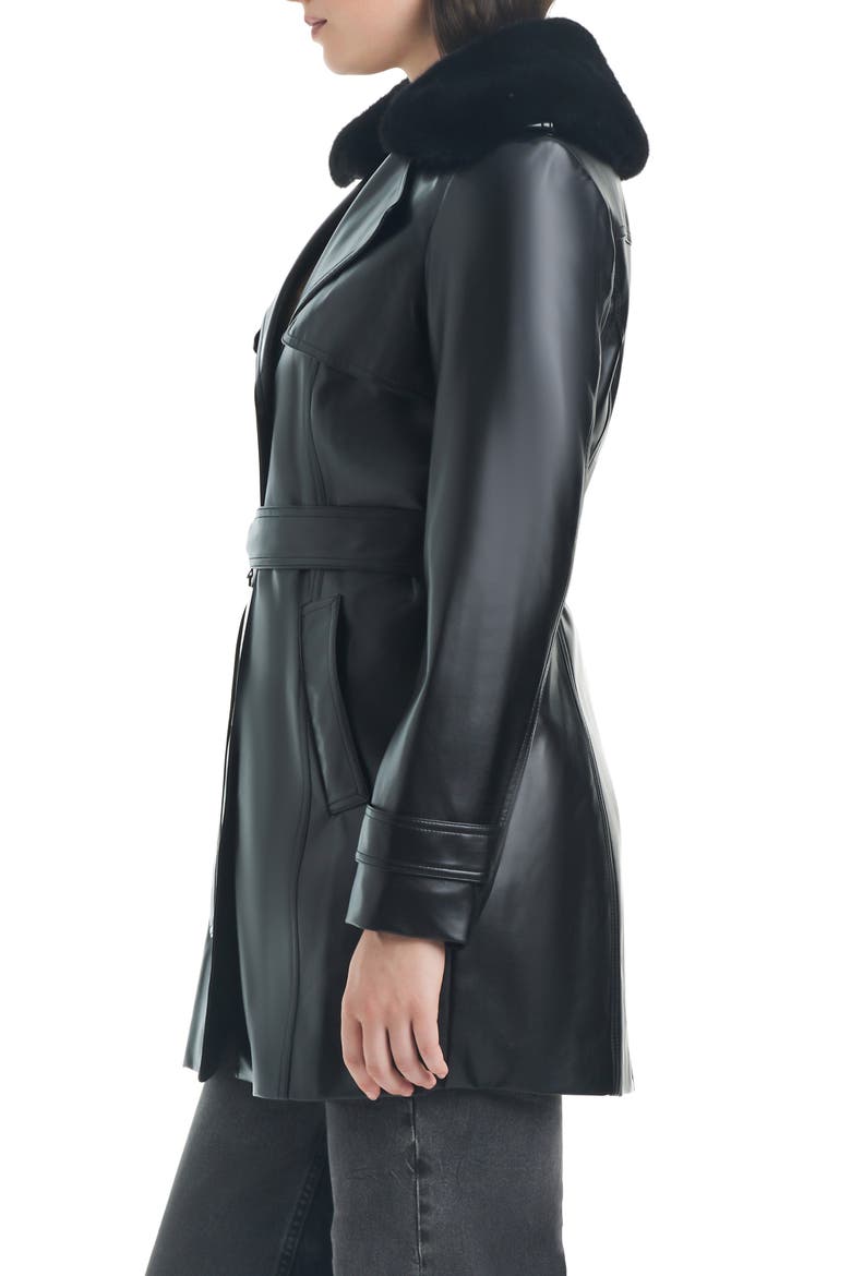Belted Faux Leather Jacket with Removable Faux Fur Collar, Alternate, color, BLACK
