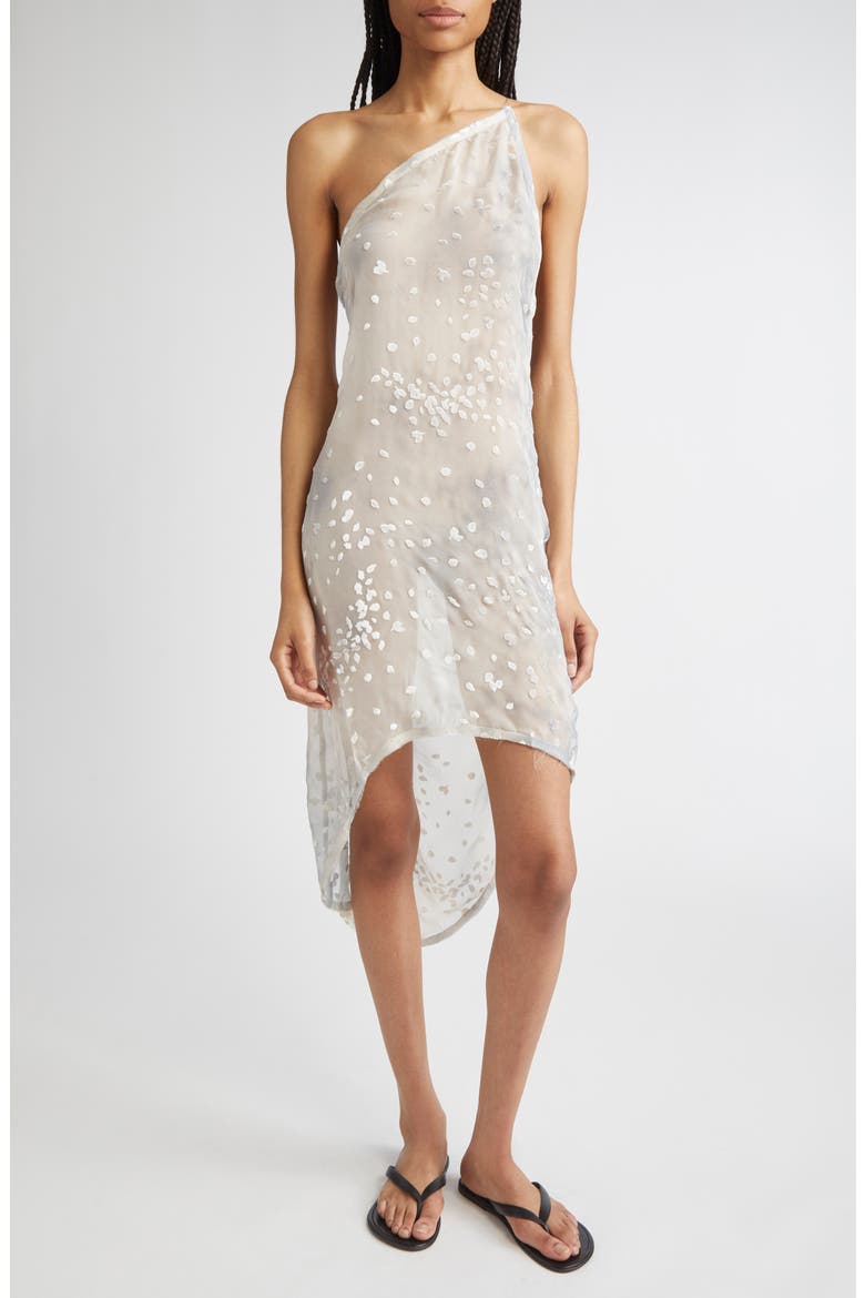 Tea Velvet Devoré Asymmetric Sheer Silk Blend Dress, Main, color, LIGHT GREY