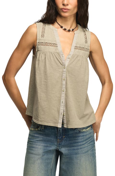 Lace Inset Cotton Button-Up Tank