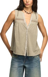 Lucky Brand Lace Inset Cotton Button-Up Tank