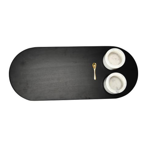 Elegant Mango Wood Tray with 2-Piece Marble Bowls and a Gold Finish Stainless Steel Spoon, Multicolor
