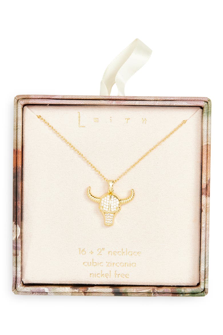 CZ Longhorn Pendant Necklace, Main, color, CLEAR- GOLD