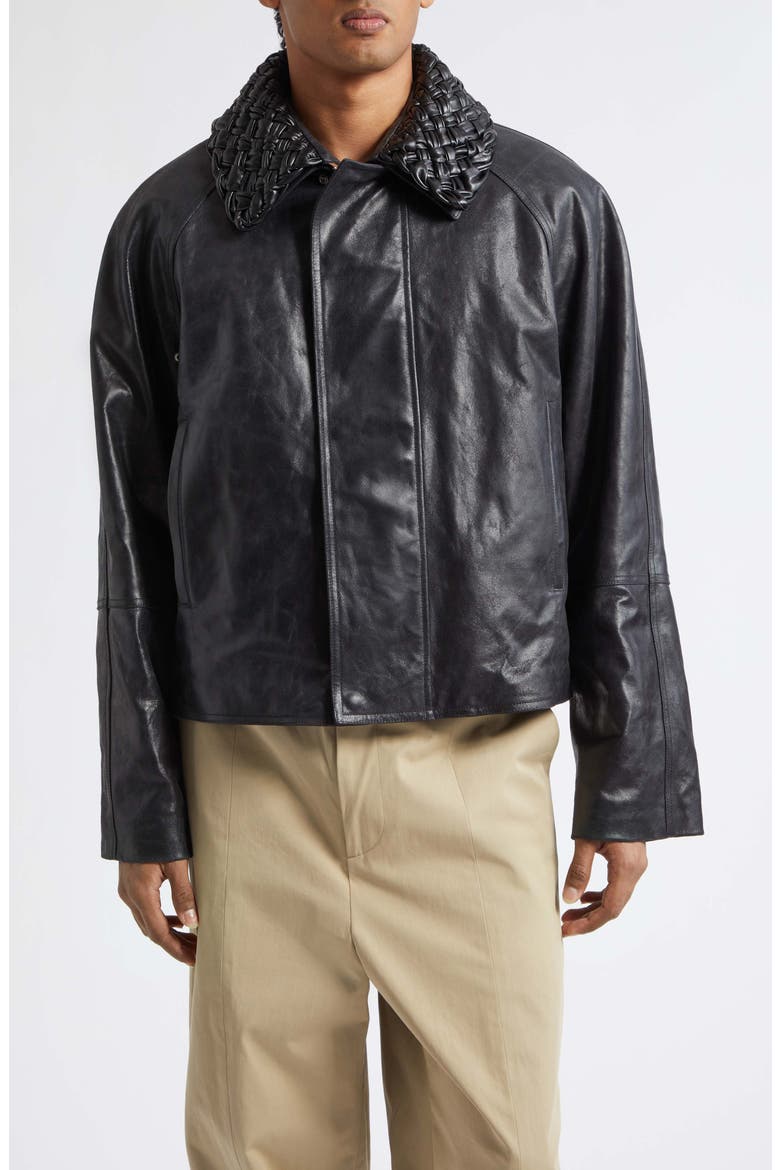 Intrecciato Collar Crackled Leather Jacket, Main, color, 1010 DOUBLE BLACK