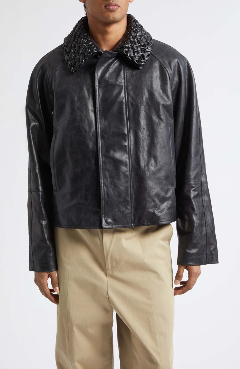 Bottega Veneta Intrecciato Collar Crackled Leather Jacket, Main, color, 1010 Double Black