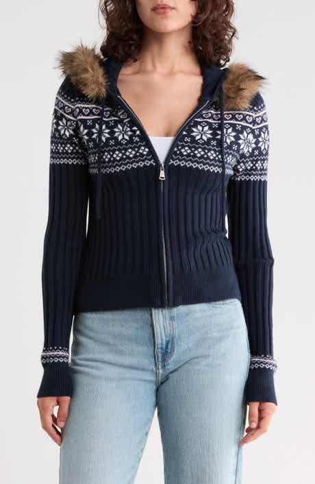 Faux Fur Trim Jacquard Hooded Cardigan