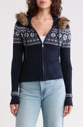 Madden Girl Faux Fur Trim Jacquard Hooded Cardigan