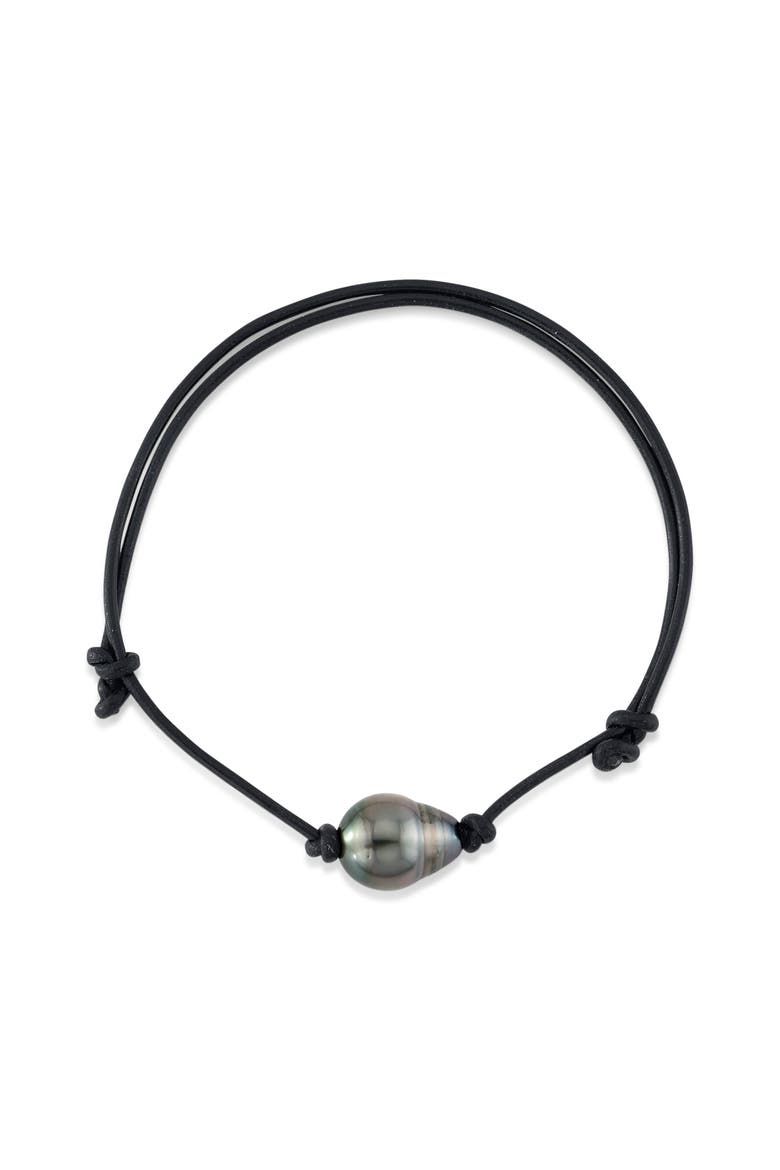 Tahitian Baroque Pearl Leather Adjustable Bracelet for Women, Main, color, Black Pearl