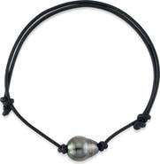 The Pearl Source Tahitian Baroque Pearl Leather Adjustable Bracelet for Women
