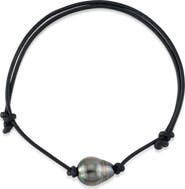 The Pearl Source Tahitian Baroque Pearl Leather Adjustable Bracelet for Men