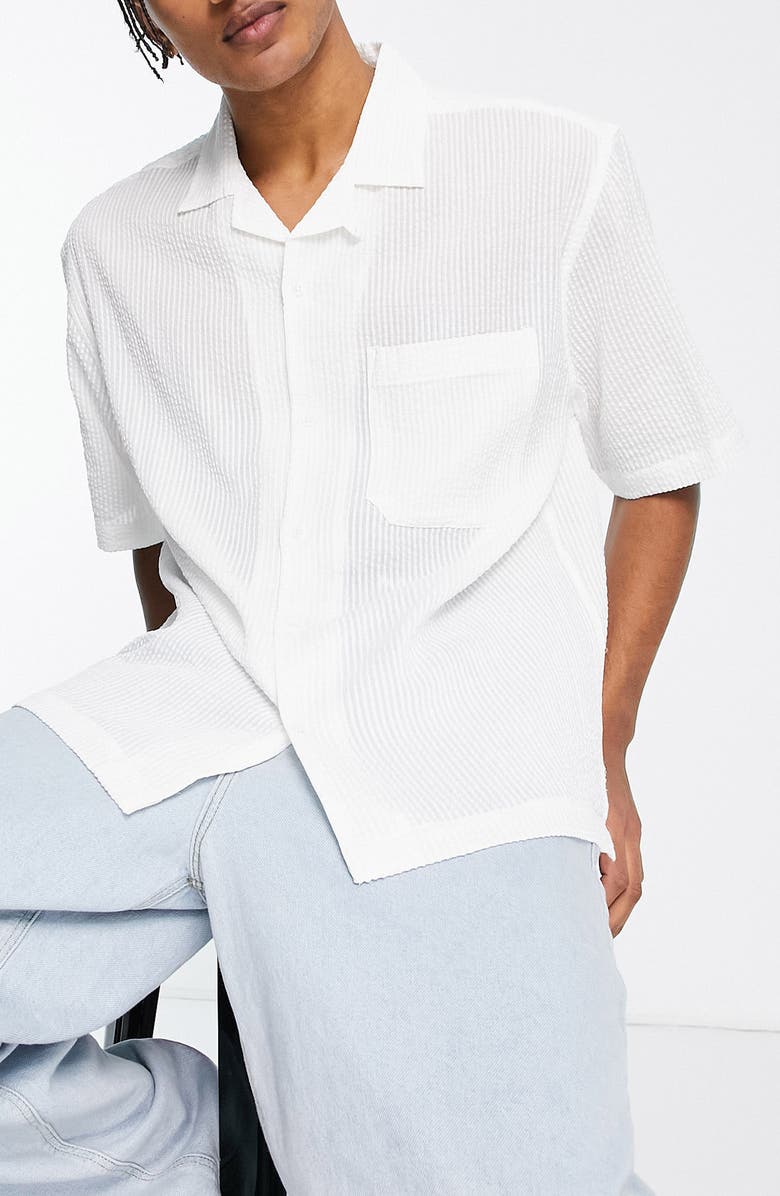 Topman Seersucker Short Sleeve Button-Up Shirt, Alternate, color,