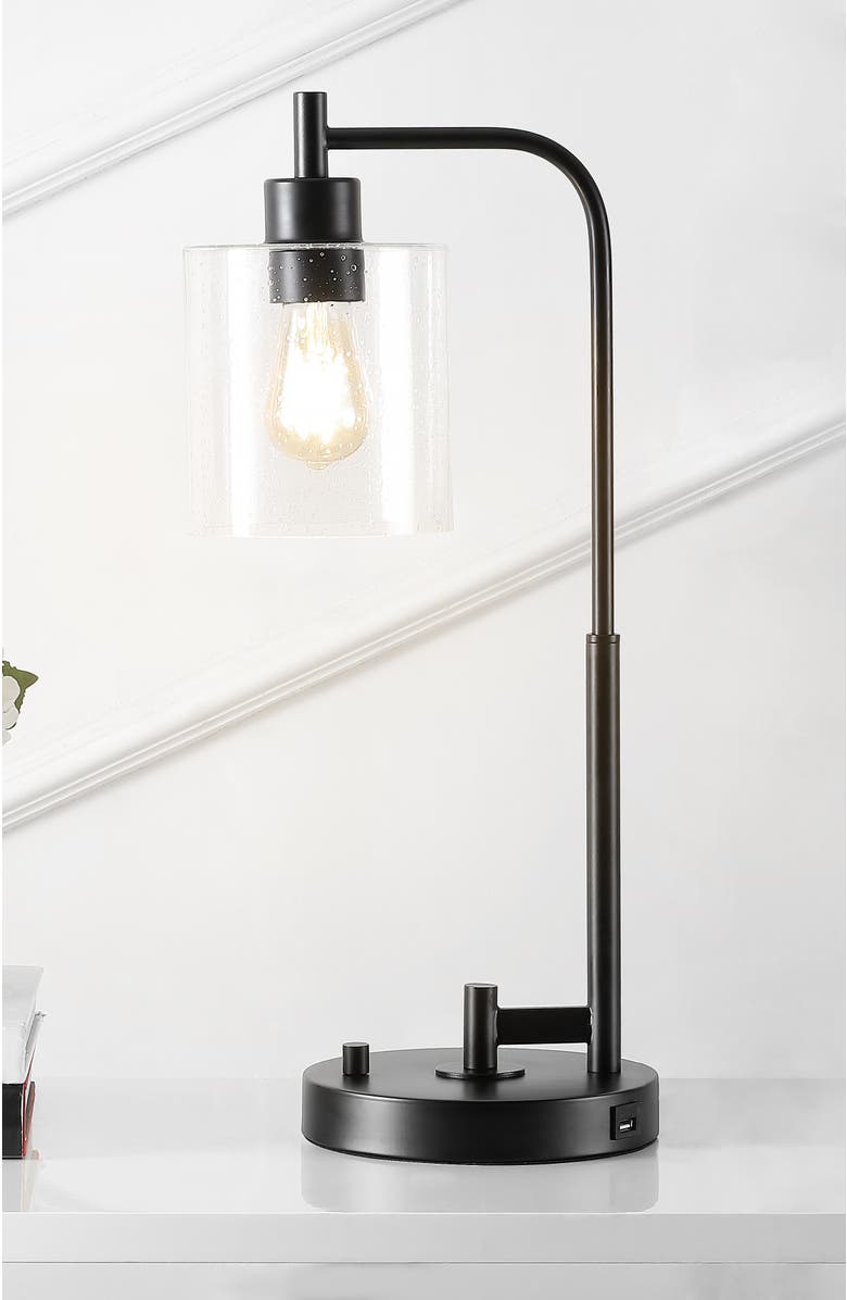 JONATHAN Y Axel Modern 23" Iron/Seeded Glass Farmhouse Industrial USB Charging LED Task Lamp, Black, Alternate, color, Black