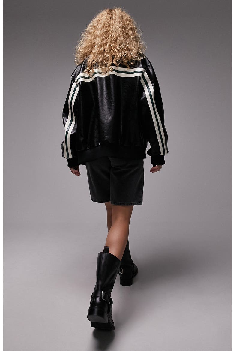 Stripe Faux Leather Bomber, Alternate, color, BLACK