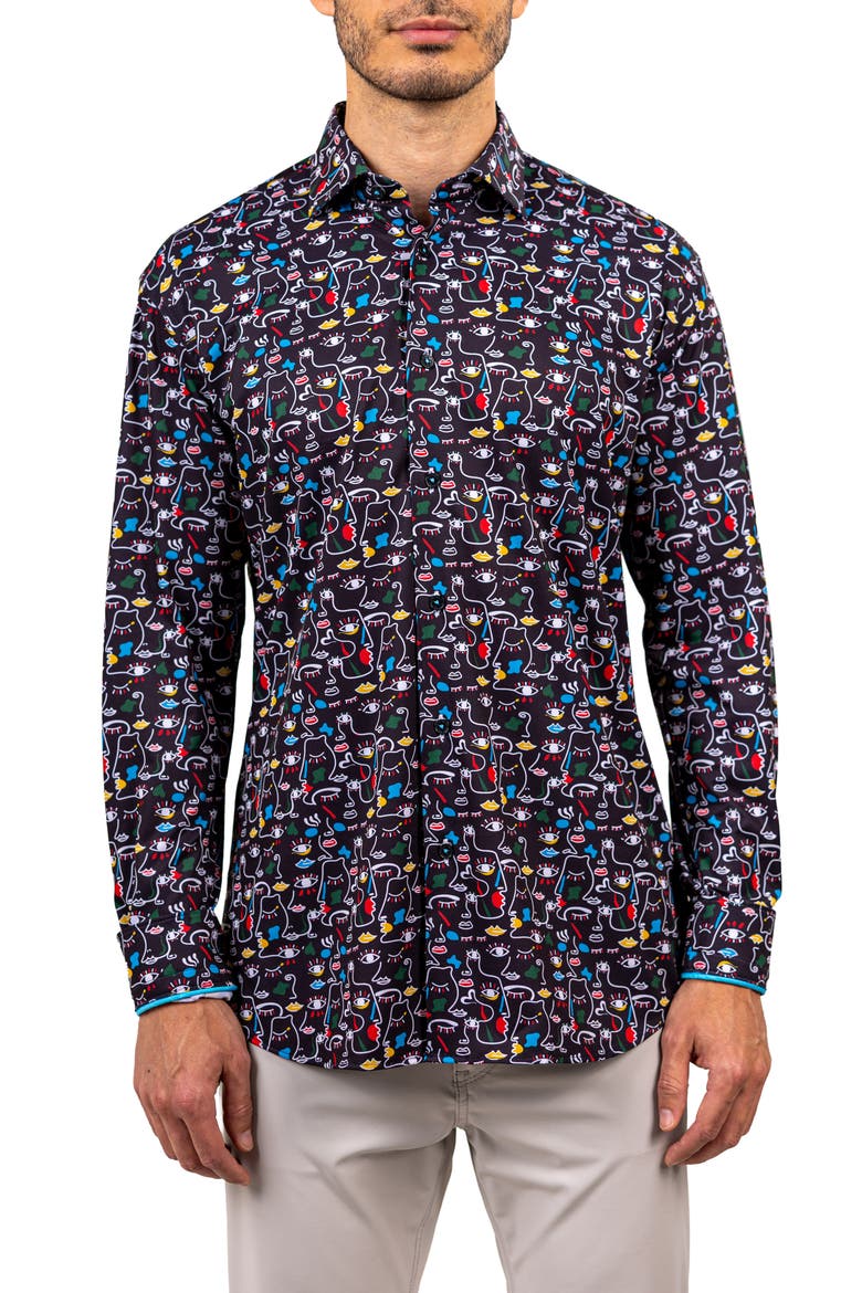 Fibonacci Stretch Ascension 3322 Contemporary Fit Button-Up Shirt, Main, color, BLACK