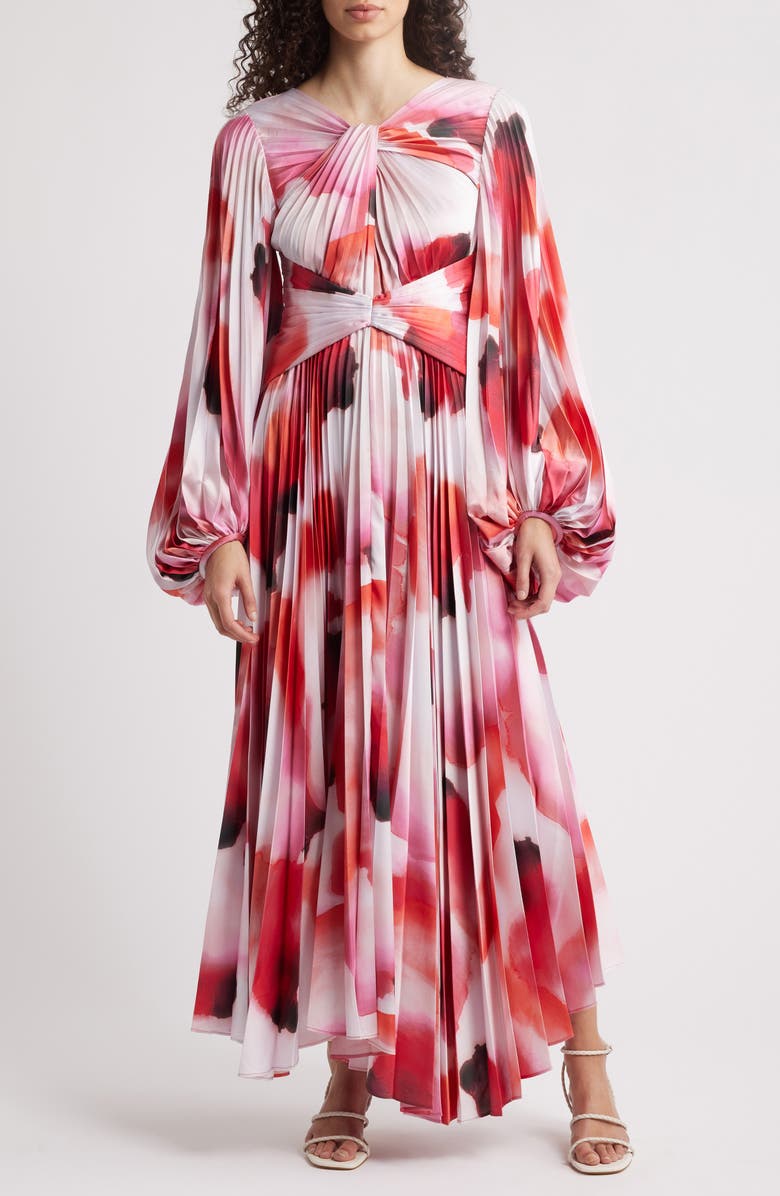 Acler Dailley Pleated Long Sleeve Maxi Cocktail Dress, Main, color, Plum Watercolour