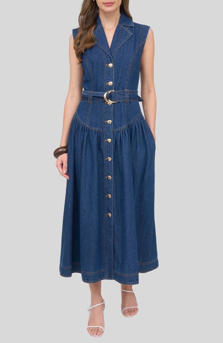 ZOE AND CLAIRE Belted Sleeveless Denim Maxi Dress, Main, color, Denim