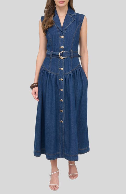 Belted Sleeveless Denim Maxi Dress