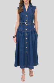 ZOE AND CLAIRE Belted Sleeveless Denim Maxi Dress