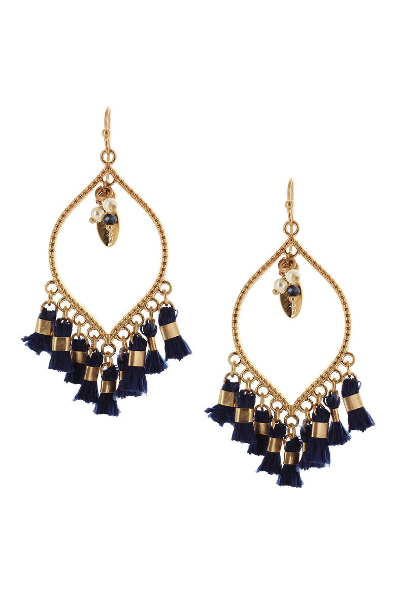 Mariah Tassel Drop Earrings, Main, color, WORN GOLD / BLUE