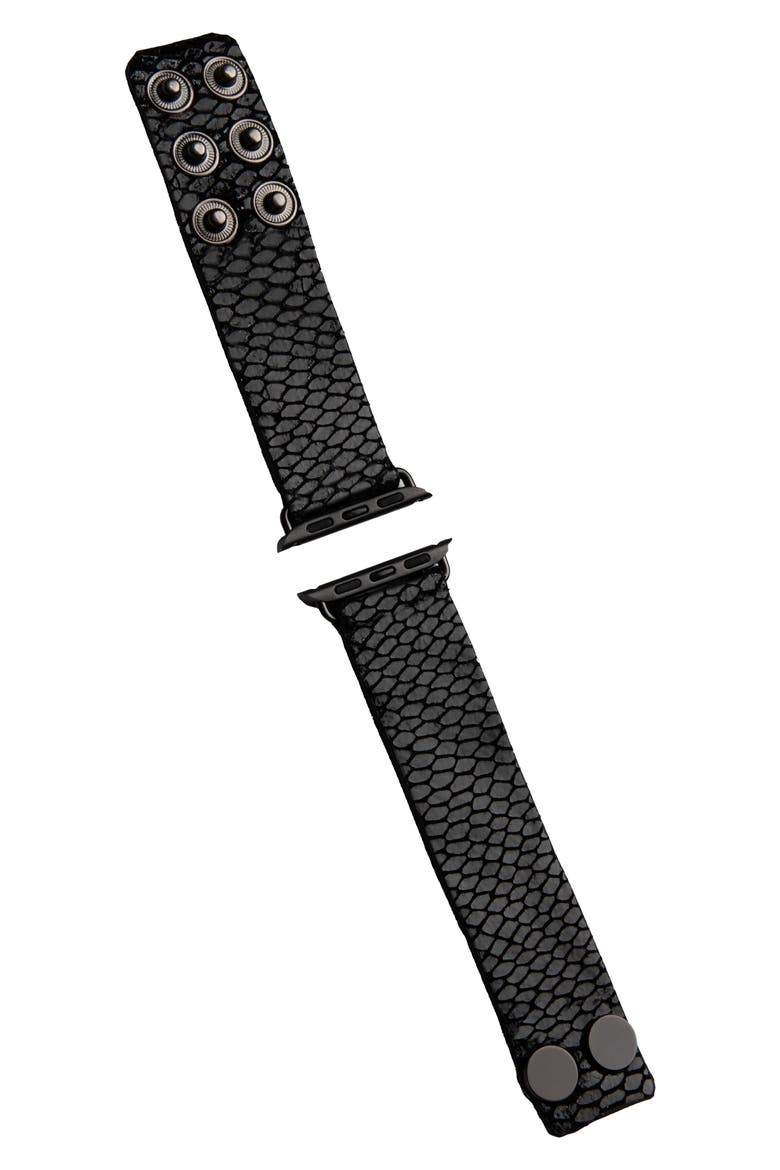 Fish Scale Embossed Leather Apple Watch® Watchband, Main, color, BLACK