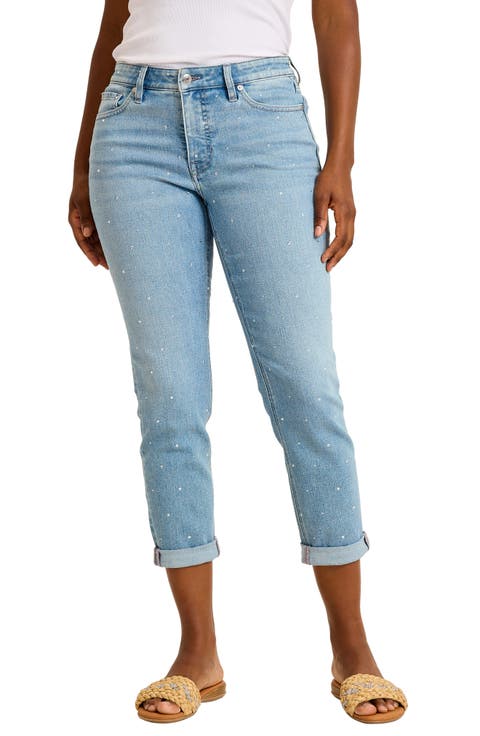 Sparkle Rhinestone Cuffed Ankle Slim Boyfriend Jeans (Venice Sky Wash)