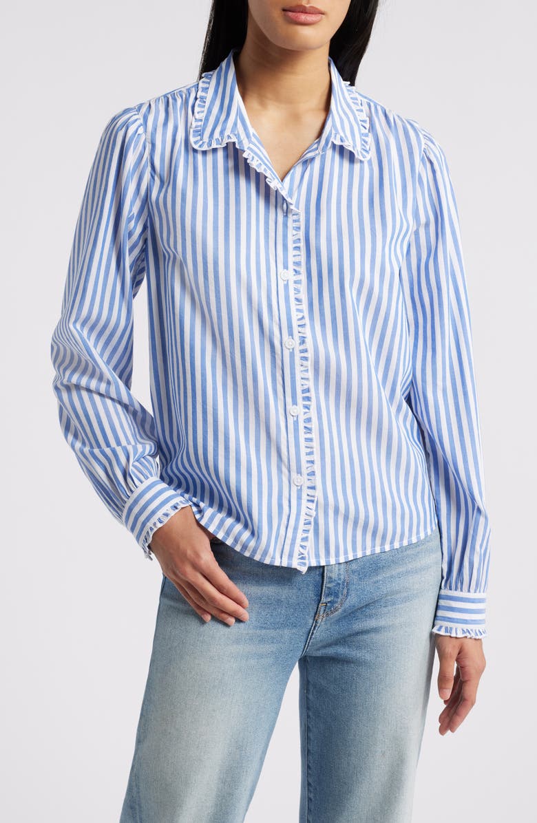 beachlunchlounge Ciara Stripe Ruffle Trim Button-Up Shirt, Main, color, 