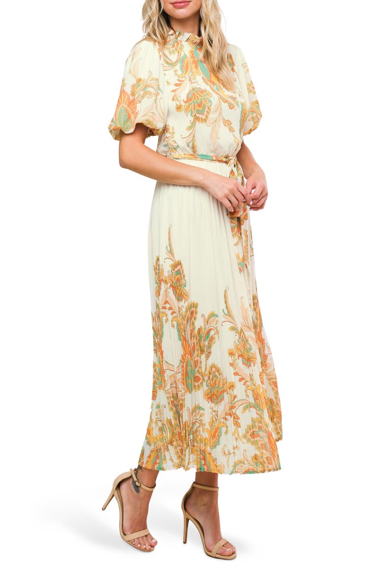 Paisley Puff Sleeve Plissé Midi Dress, Alternate, color, IVORY