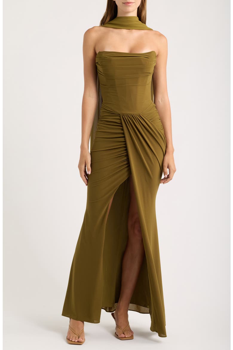Portia Strapless Crepe Gown & Georgette Scarf Set, Main, color, OLIVE