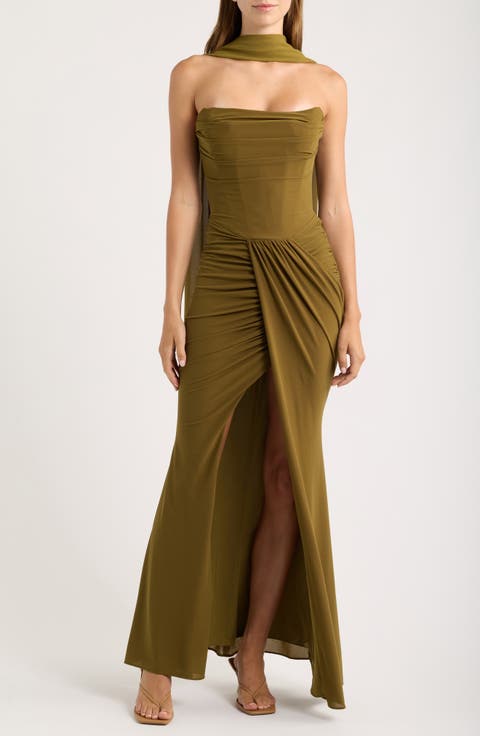 Portia Strapless Crepe Gown & Georgette Scarf Set