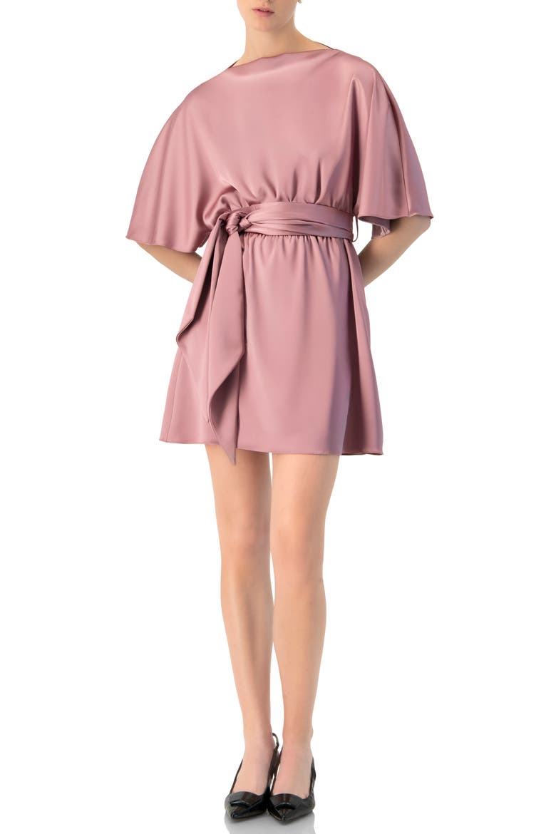 Short Satin Dress with Waist Tie, Alternate, color, Dark Pink