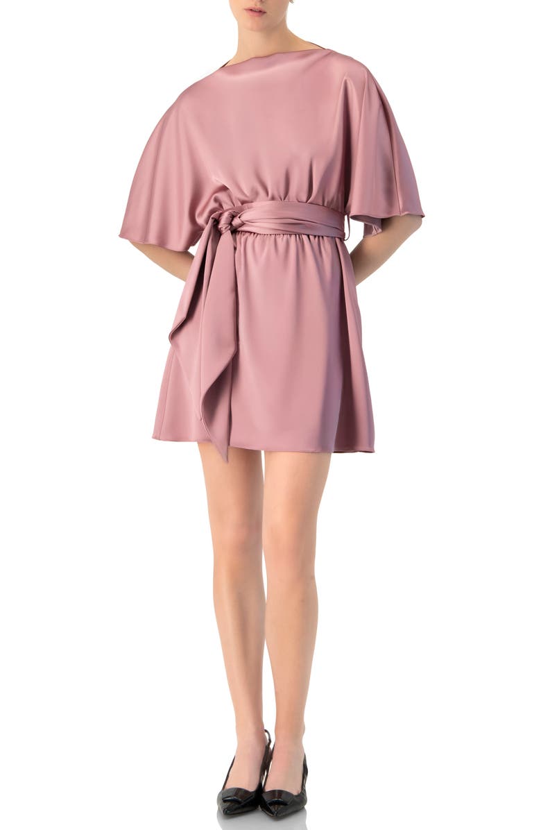 IVONNE Short Satin Dress with Waist Tie, Alternate, color, Dark Pink