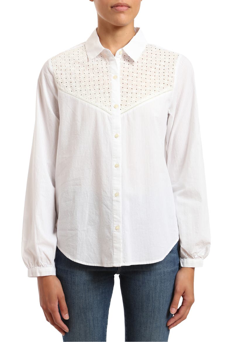 Eyelet Embroidered Yoke Cotton Poplin Button-Up Shirt, Main, color, WHITE