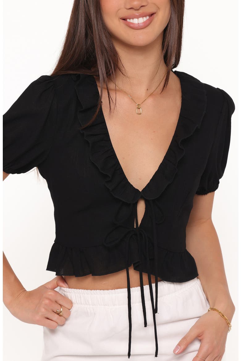 Andra Tie Front Puff Sleeve Crop Top, Alternate, color, BLACK