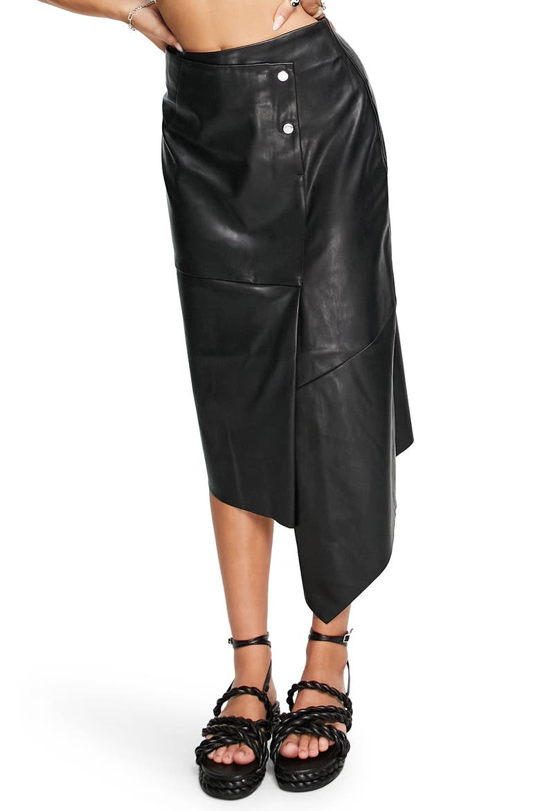 Wrap Over Faux Leather Midi Skirt, Main, color, BLACK
