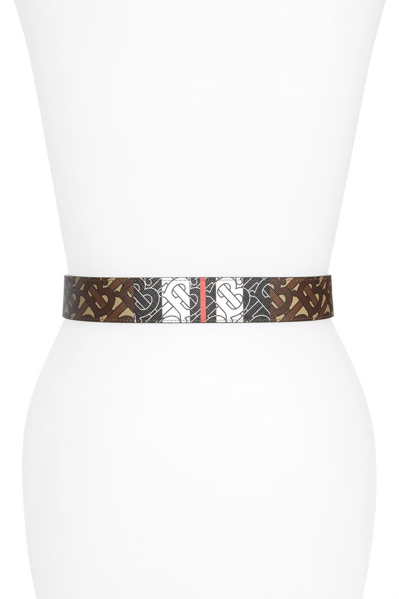 Monogram Stripe E-Canvas & Leather Belt, Alternate, color, BRIDLE BROWN