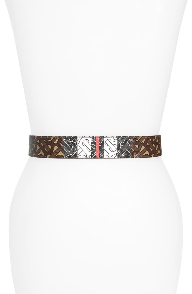 Burberry Monogram Stripe E-Canvas & Leather Belt, Alternate, color,